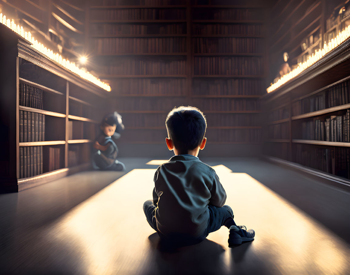 Young boy in grand library facing another child