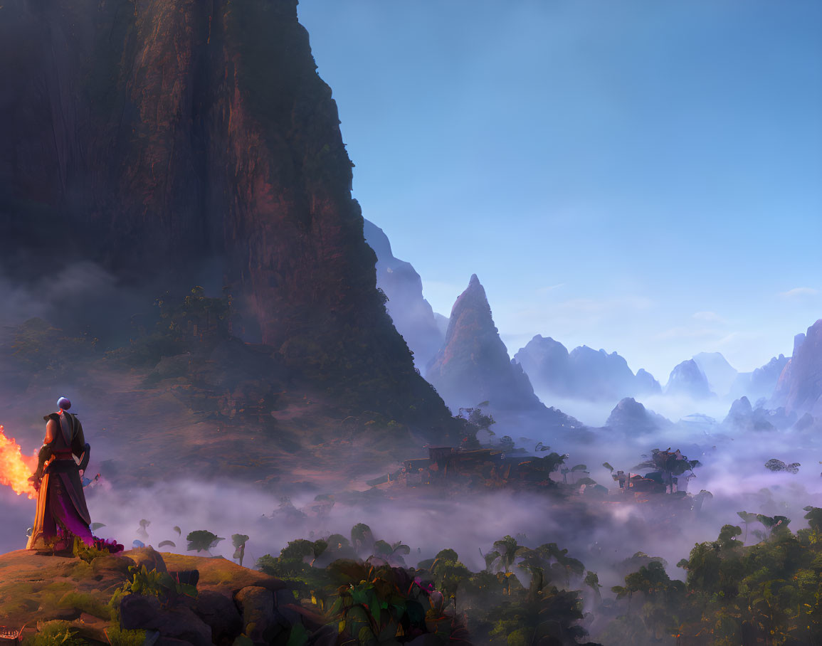 Person in purple cloak by fire admiring misty mountain landscape with exotic architecture under serene sky