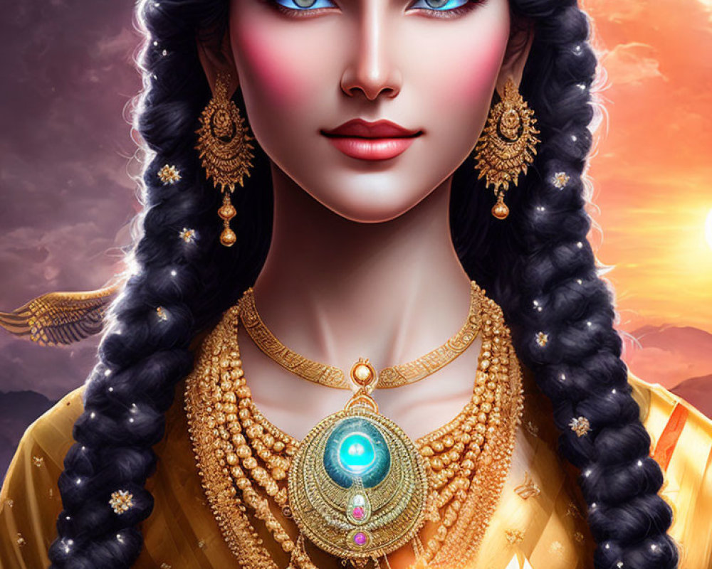 Blue-skinned woman with gold jewelry and third eye against warm sky.