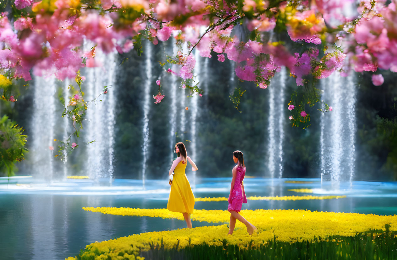 Vibrant garden scene: Two women in bright dresses among pink blossoms and fountains