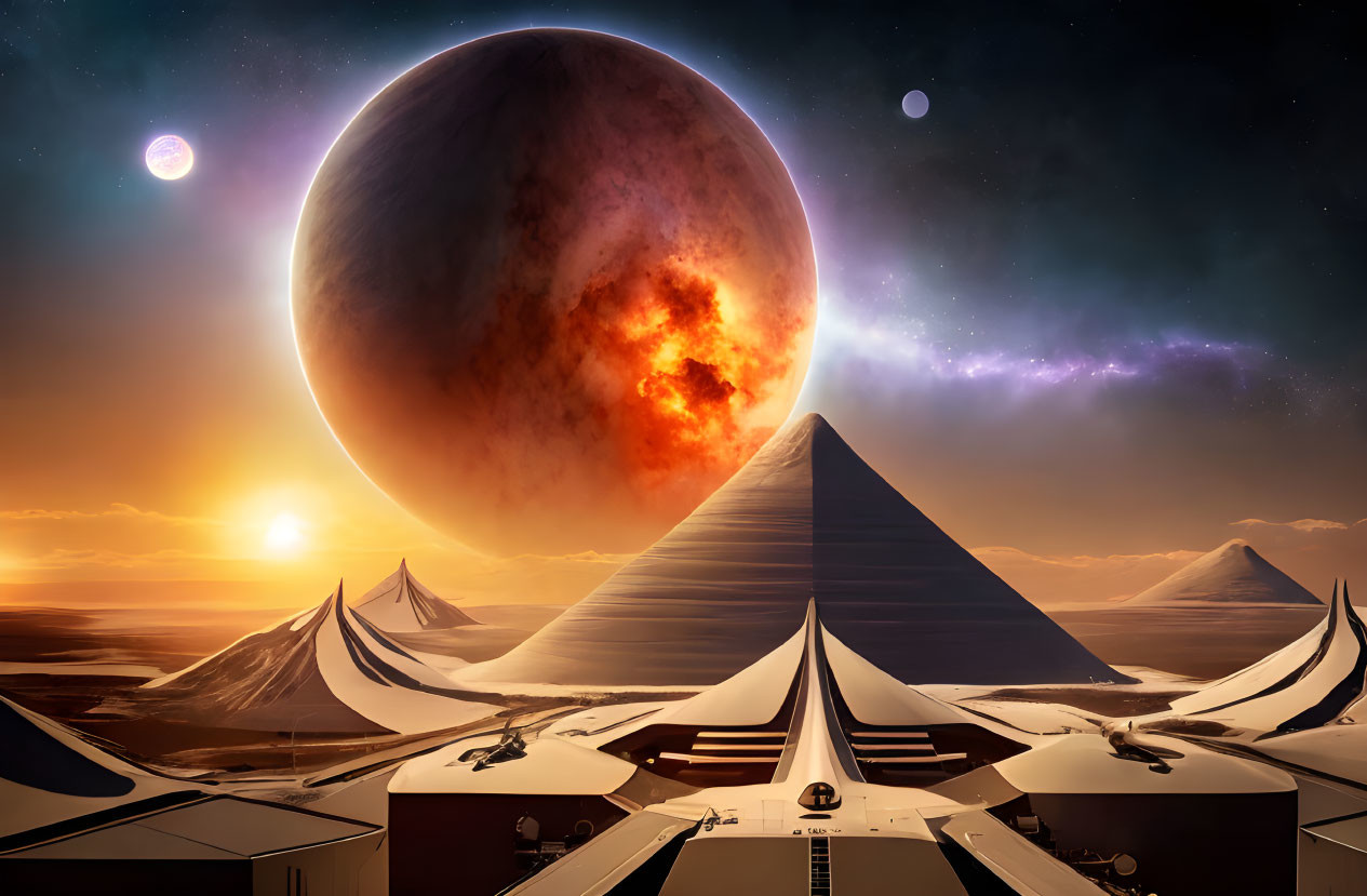 Futuristic landscape with pyramids, red planet, and stars