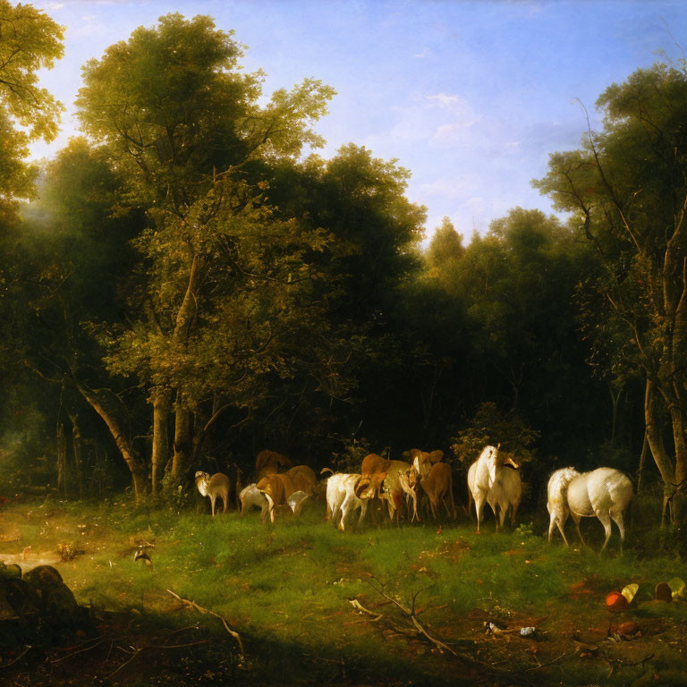 Pastoral landscape painting: cows grazing under soft sunlight