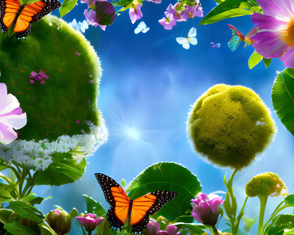 Colorful landscape with floating green islands and butterflies