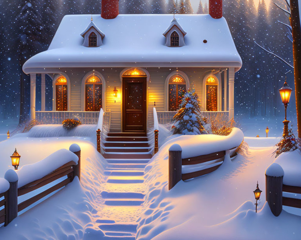 Snowy Twilight Scene: Cozy Cottage in Illuminated Snowscape
