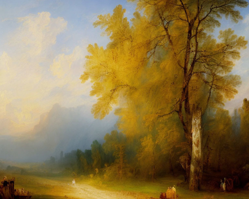Golden Landscape Painting with Towering Tree and Figures on Countryside Path