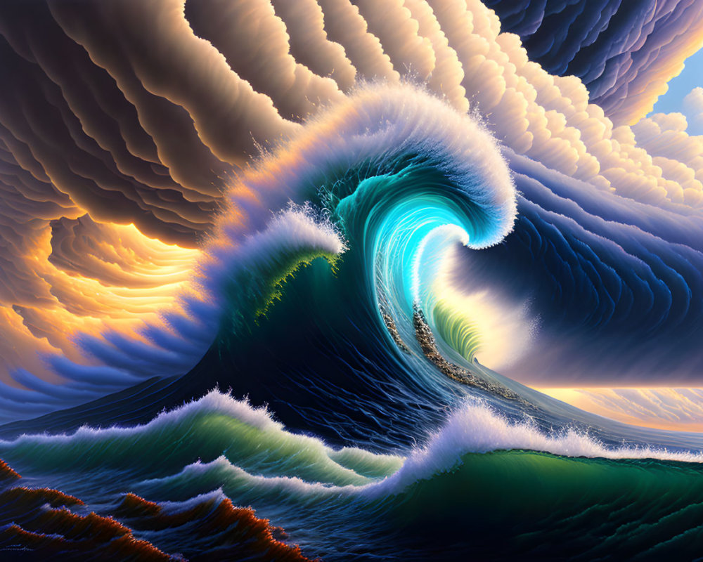 Colorful surreal wave with curling crest against dramatic sky.