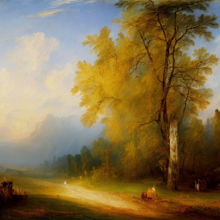 Golden Landscape Painting with Towering Tree and Figures on Countryside Path