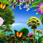 Colorful landscape with floating green islands and butterflies