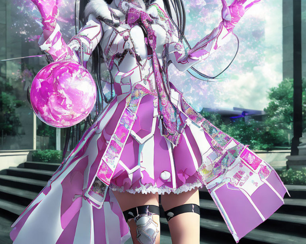 Anime girl with long dark hair and purple eyes in white and purple outfit holding a magical orb.