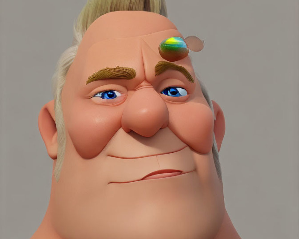 Smiling male character with blond hair and blue eyes in 3D render