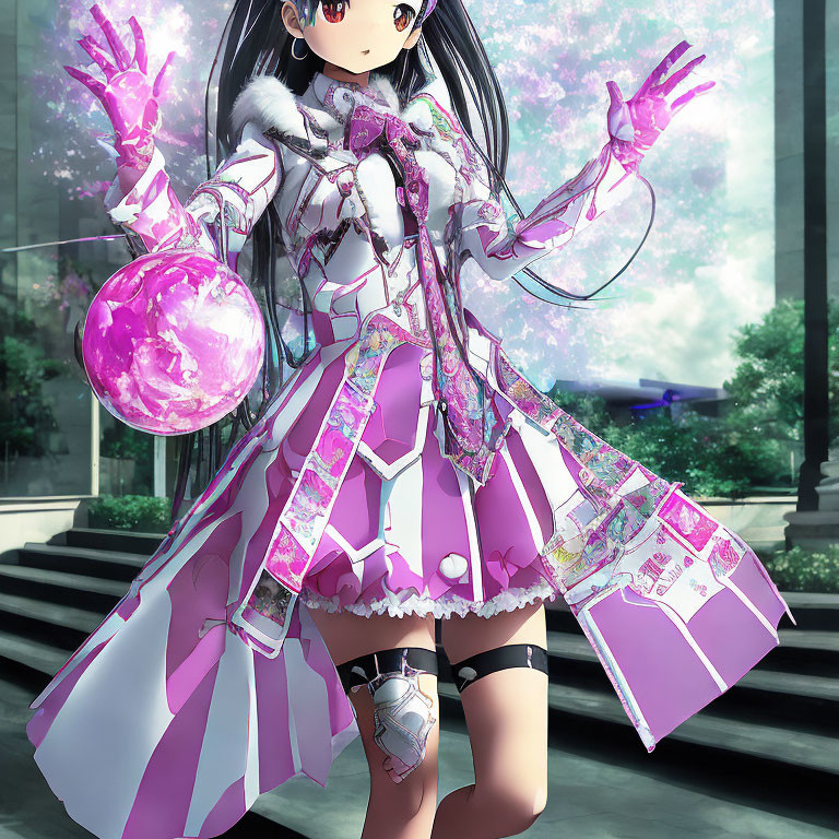 Anime girl with long dark hair and purple eyes in white and purple outfit holding a magical orb.