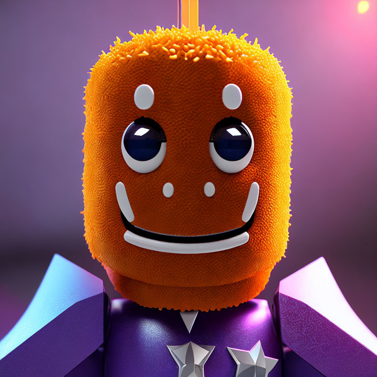 Colorful 3D animated character with orange head, big blue eyes, purple outfit