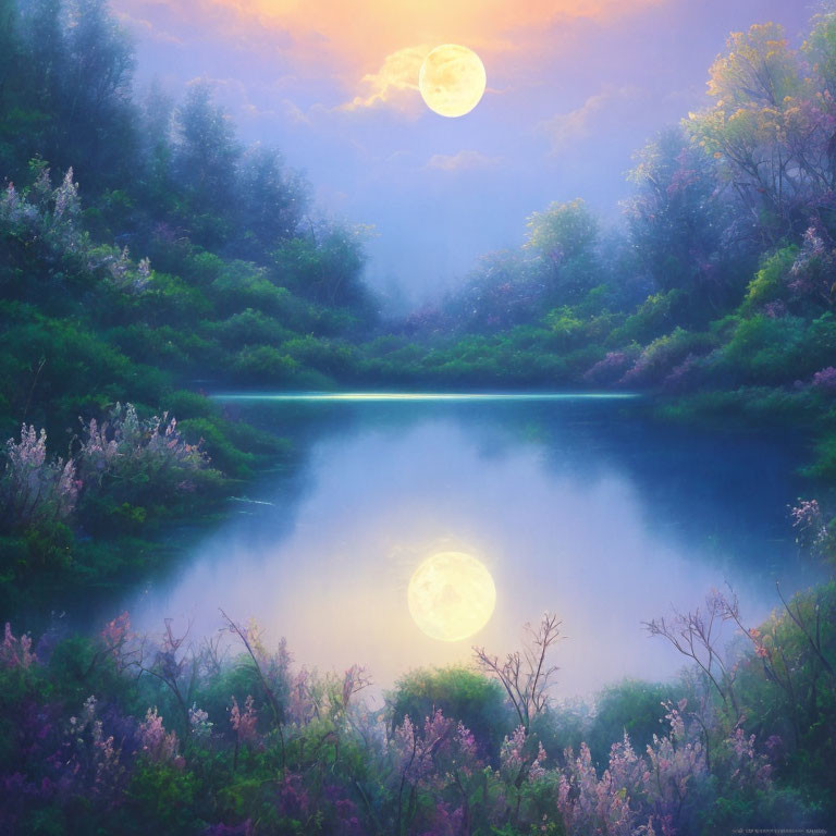 Tranquil full moon landscape with blooming flora