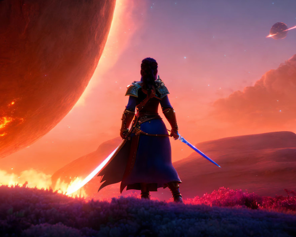Warrior with Blue Sword Facing Alien Sky and Planet