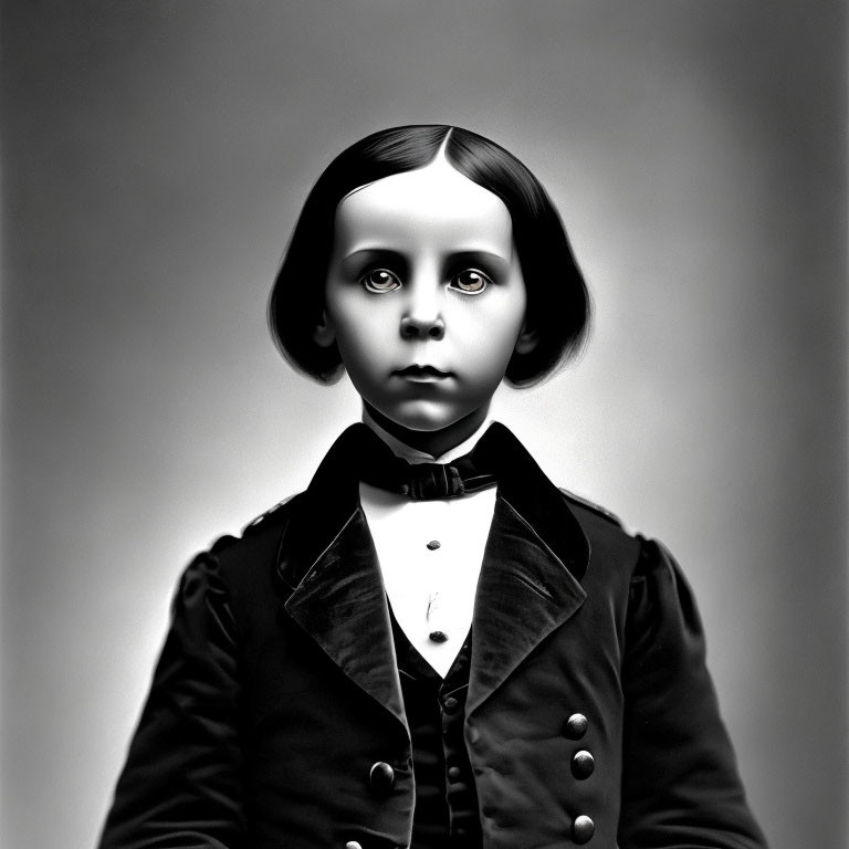 Monochrome portrait of child in Victorian attire