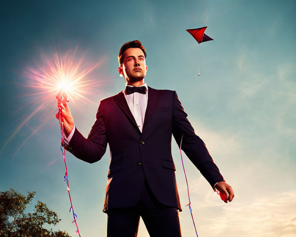 Stylish man with sparkler and kite strings at dusk