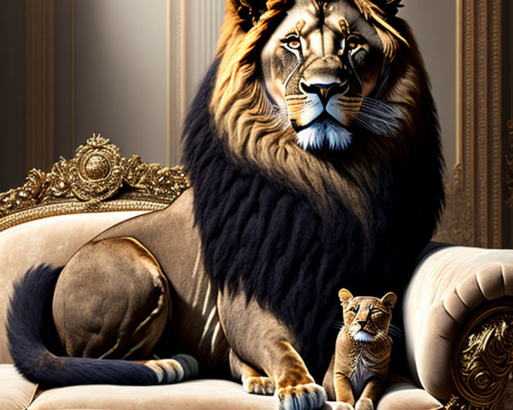 Majestic lion and cub on golden-trimmed sofa with intricate designs