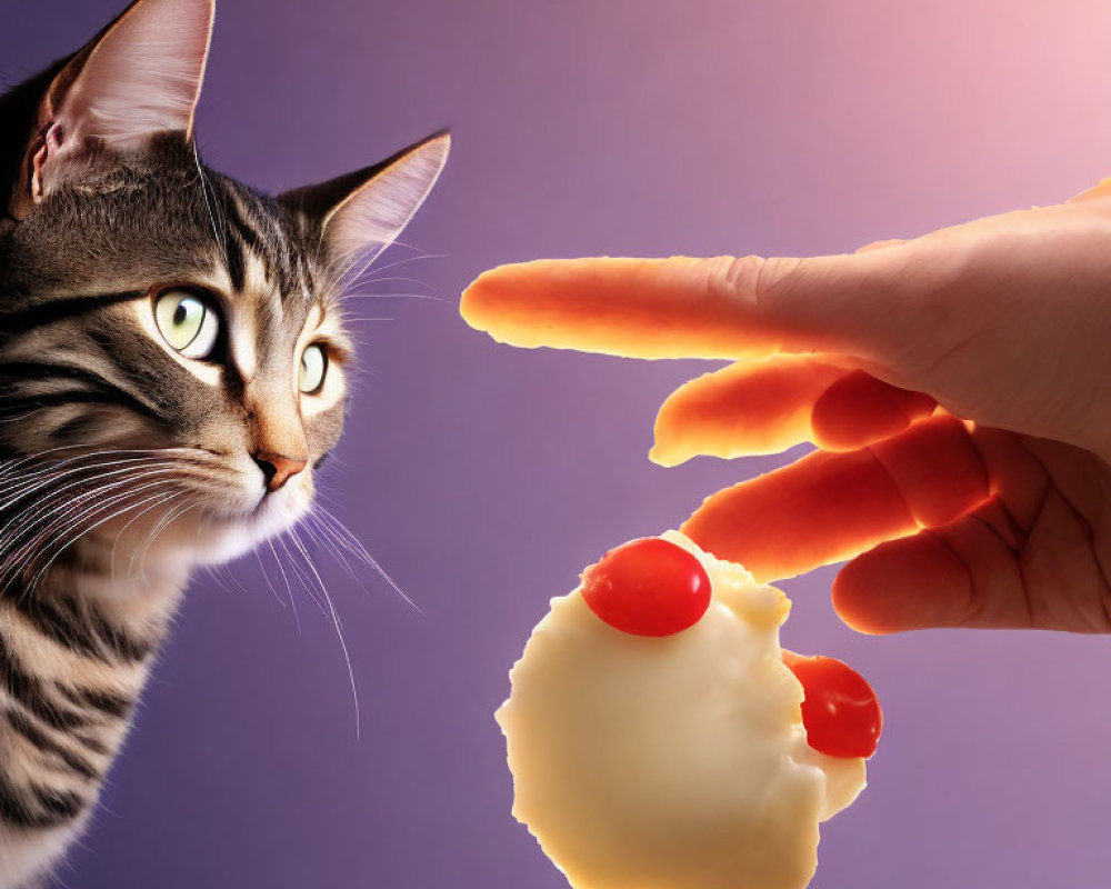 Tabby cat observing floating popcorn and human finger on purple background