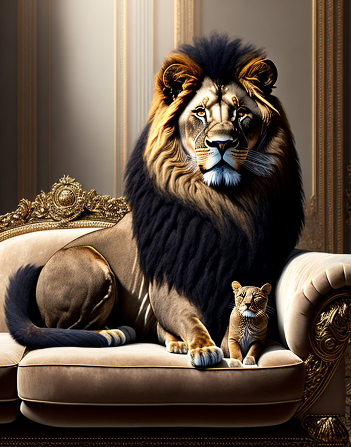 Majestic lion and cub on golden-trimmed sofa with intricate designs