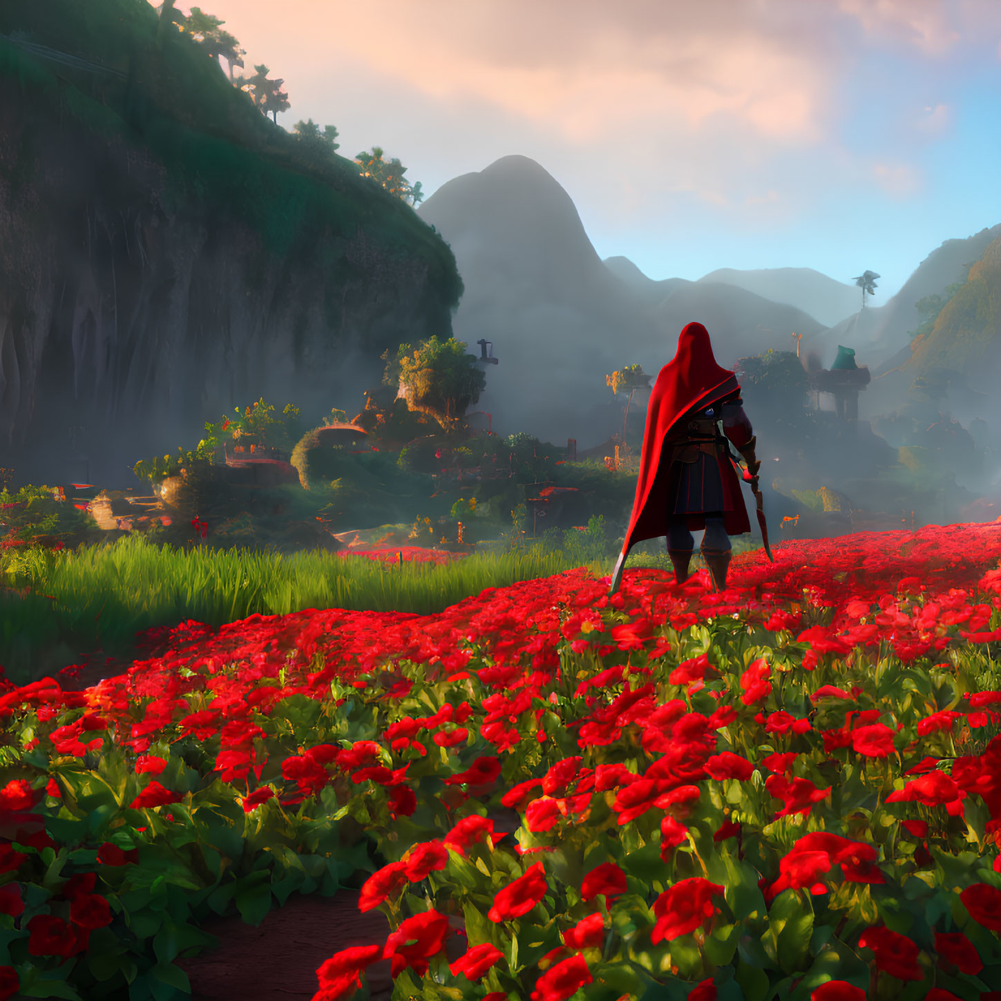 Figure in red cloak stands in vibrant field of red flowers overlooking lush valley, waterfalls, traditional structures