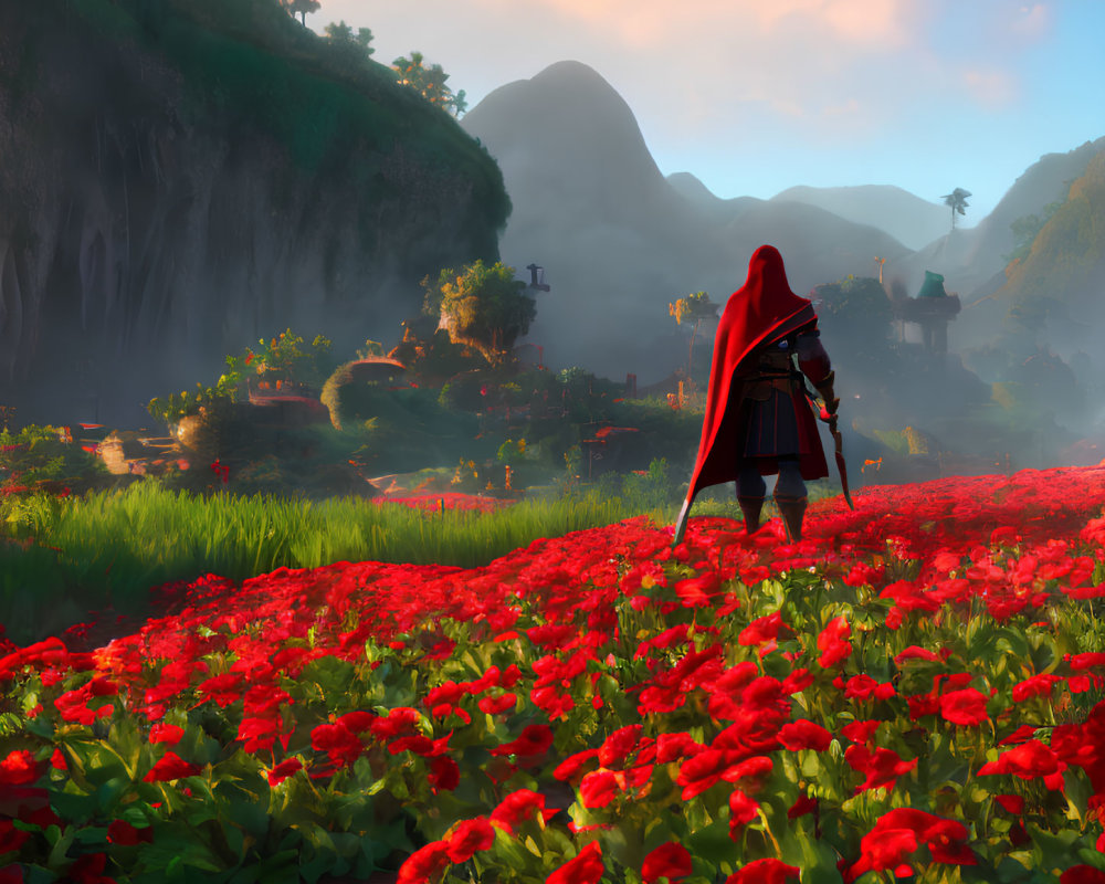 Figure in red cloak stands in vibrant field of red flowers overlooking lush valley, waterfalls, traditional structures