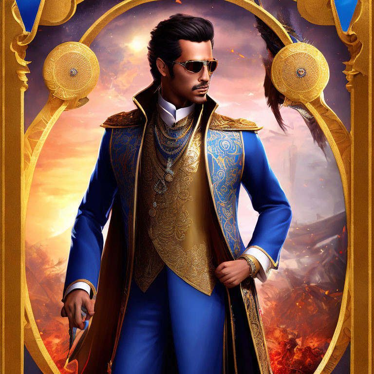Illustration of nobleman in fantasy setting with blue and gold coat and ornate cane.