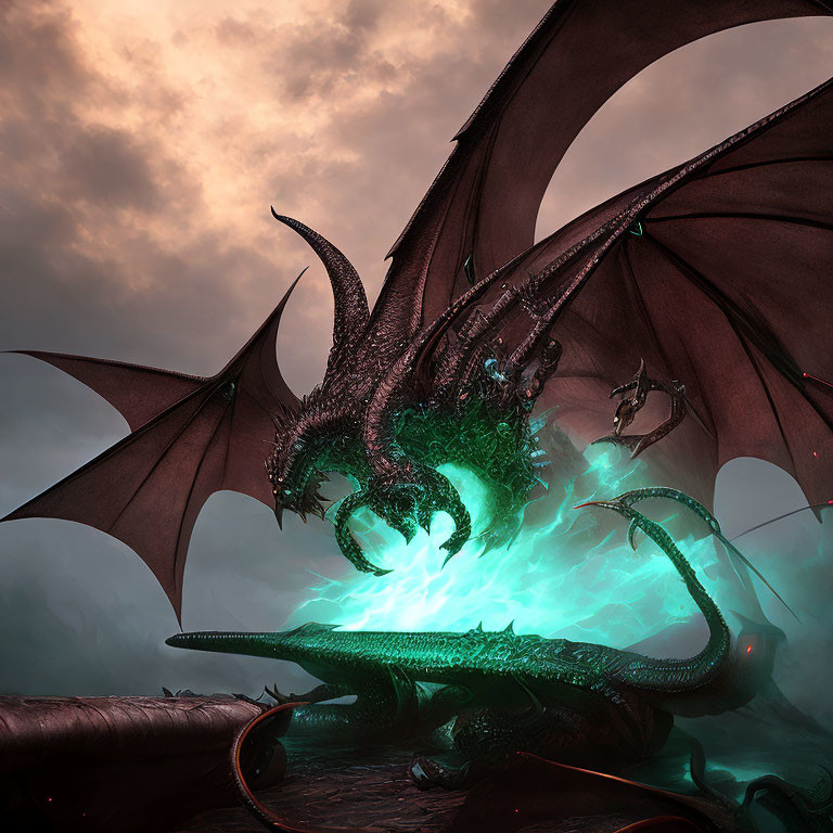 Majestic dragon with glowing green eyes and scales breathing green fire in mist