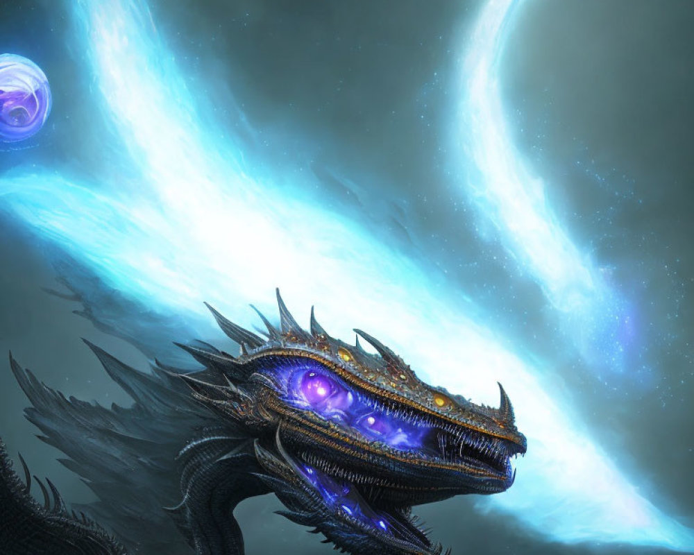 Majestic space dragon with glowing eyes in cosmic scene