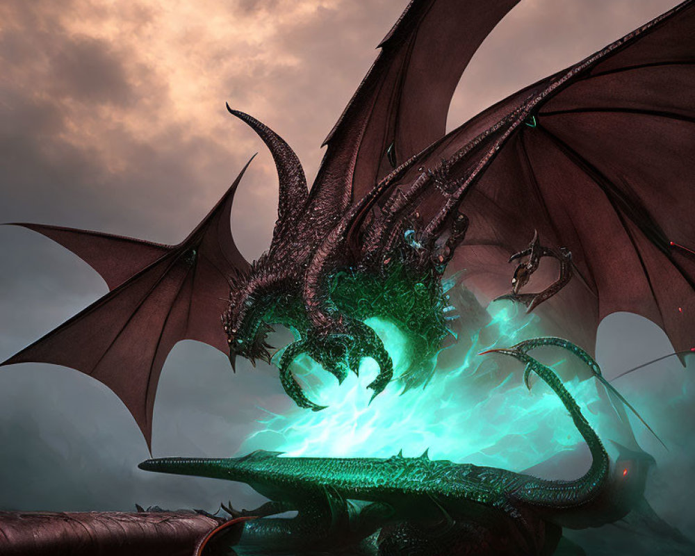 Majestic dragon with glowing green eyes and scales breathing green fire in mist
