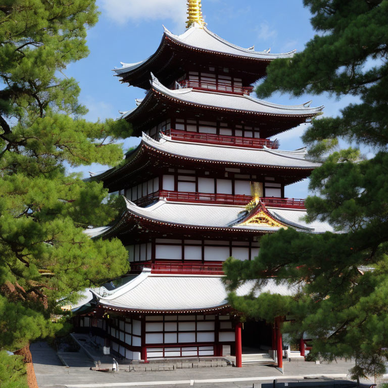 Traditional five-storied pagoda with red and white accents and green pine branches on blue sky background