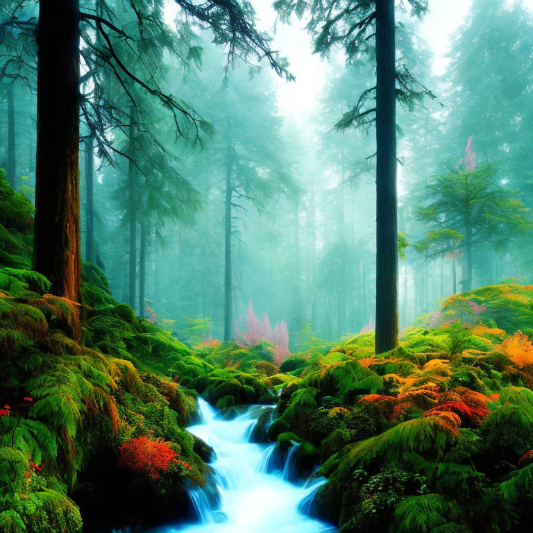 Lush Forest Scene with Blue Stream and Misty Trees