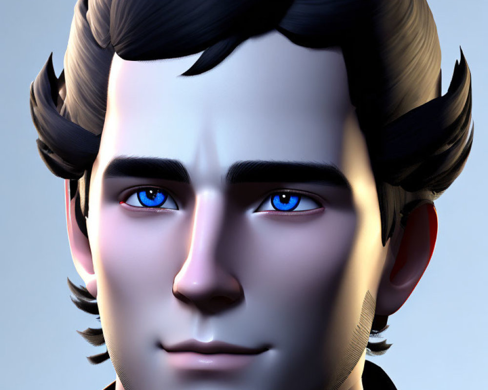 Detailed 3D animated male character with blue eyes and dark hair