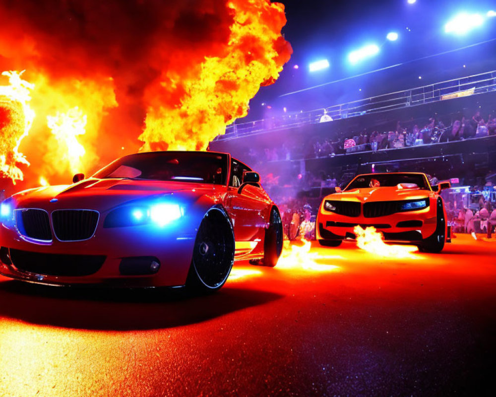 Night event featuring two BMW cars with neon underglow lights, crowd, and fiery pyrotechn