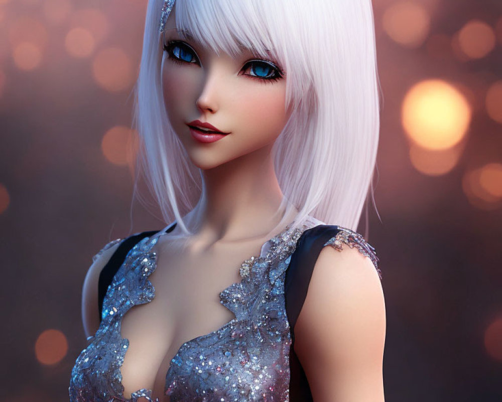 3D illustration of female character with blue eyes, white hair, butterfly ornaments, silver dress