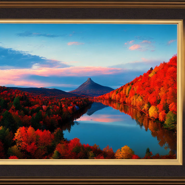 Framed landscape painting: Autumn foliage, river, sunset sky, mountain