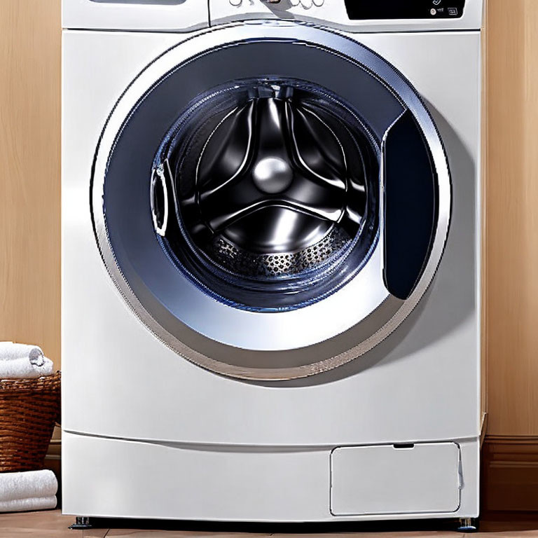 Large circular door front-loading washing machine in wooden-finished room with white towel.