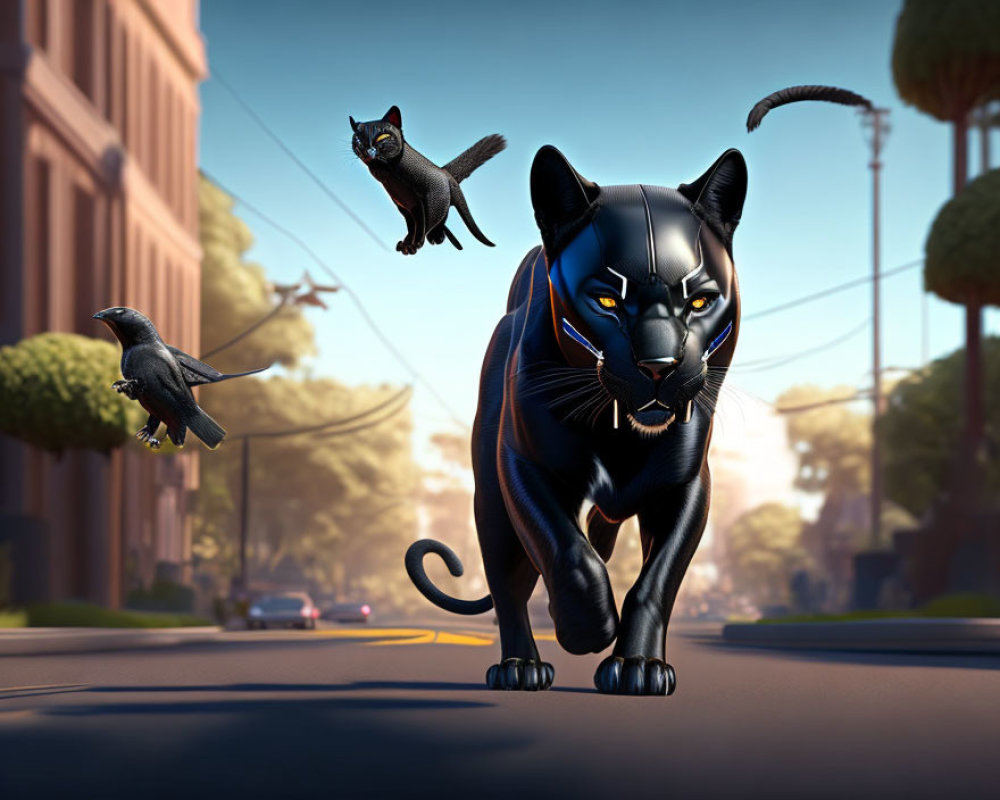 Black panther, black cat, and crow in urban setting at dawn or dusk