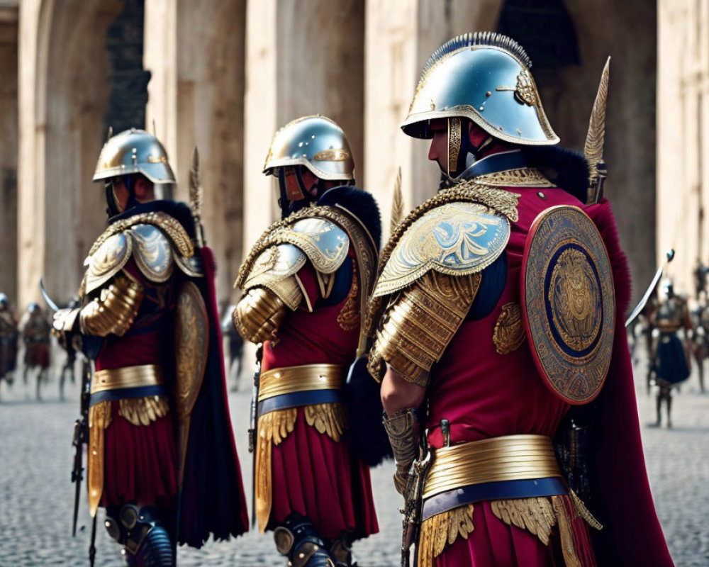 Three individuals in Roman soldier attire with helmets, armor, and red cloaks, standing in formation.
