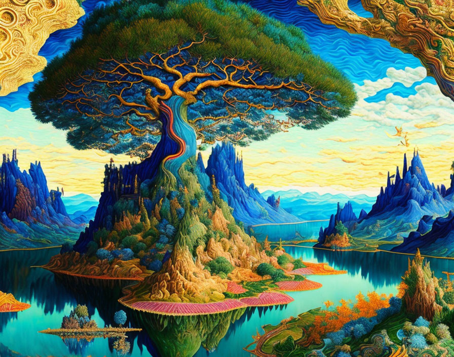 Majestic tree on floating island in vibrant fantasy landscape