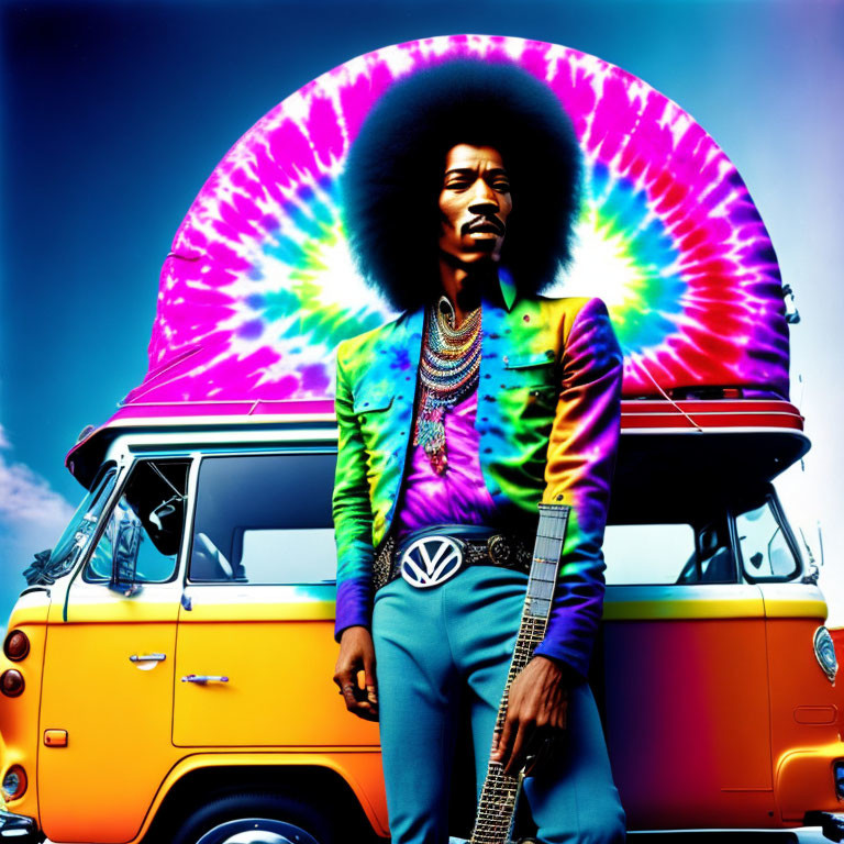 Man in retro attire with afro poses with VW van in psychedelic setting.