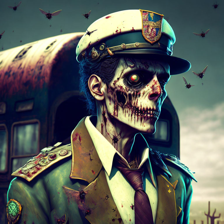 Skeletal military officer with eye patch in uniform among flies and crosses