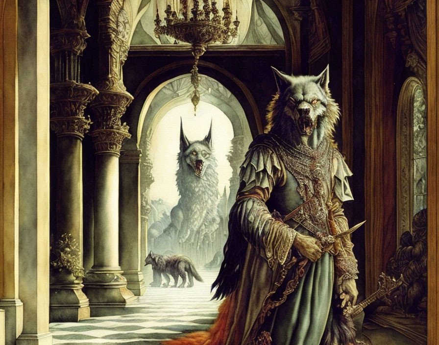 Wolf-headed humanoids in regal attire in elegant hall with columns.