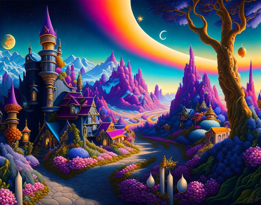 Fantastical landscape with castle, winding path, purple flora, twilight sky.