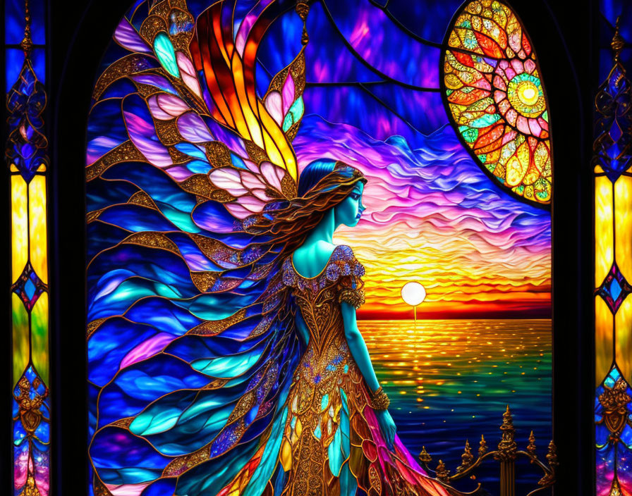 Colorful Stained Glass Artwork of Woman with Wings and Ocean Sunset