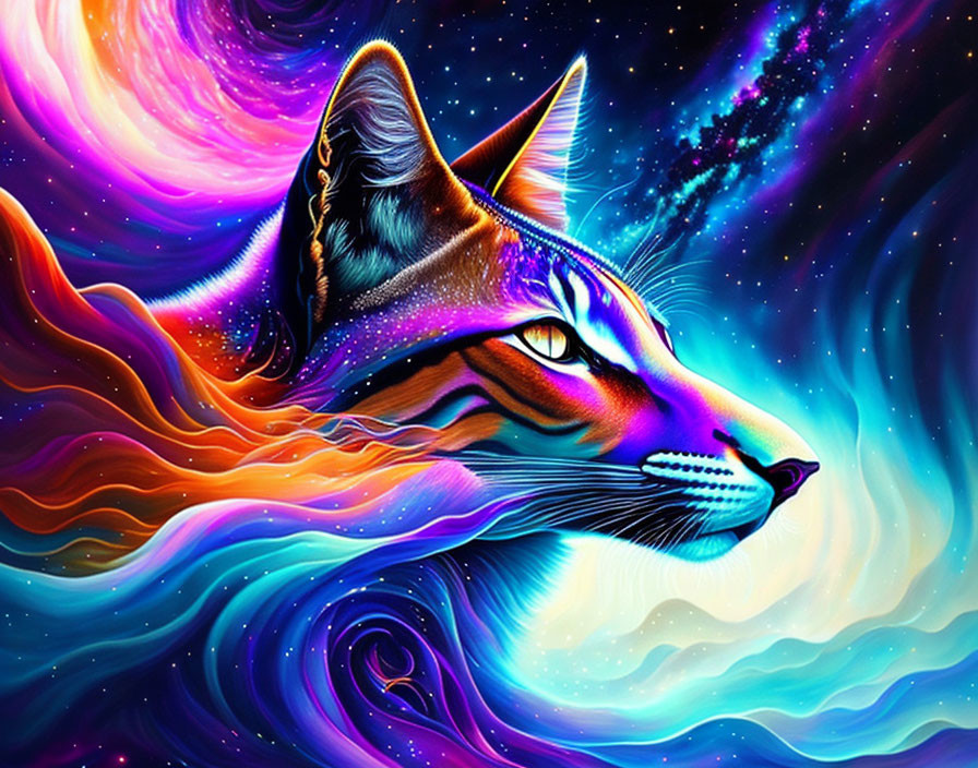 Colorful Cosmic Cat Artwork with Swirling Galaxy Background