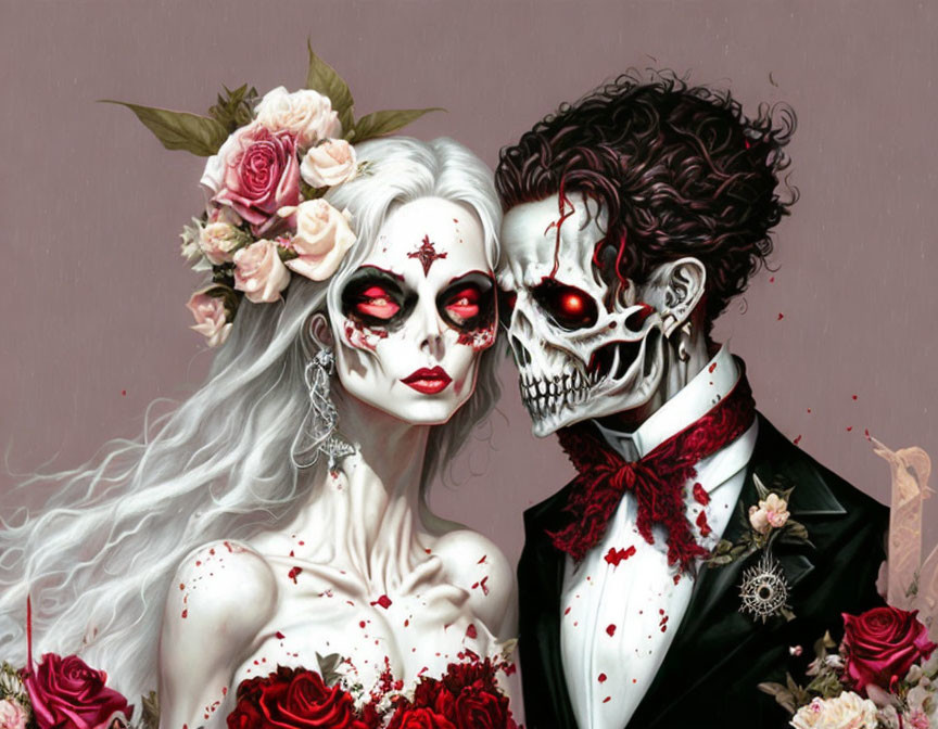 Gothic Romance Couple in Elegant Attire with Skull Makeup