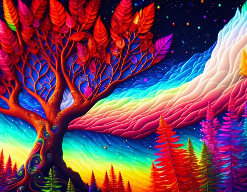 Colorful Psychedelic Fantasy Landscape with Prominent Tree