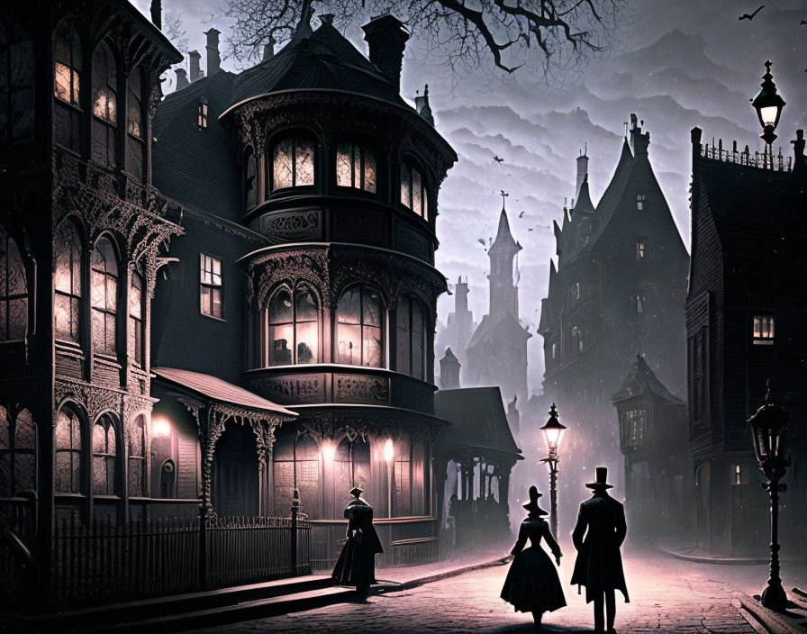 Victorian-era individuals walking near grand gothic house with bats in misty moonlit scene