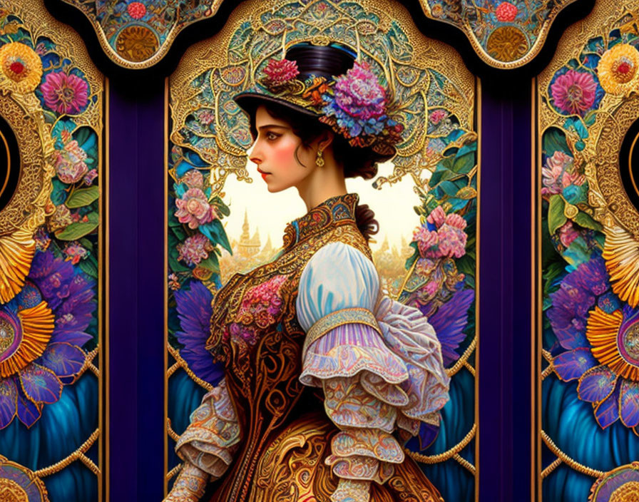 Detailed floral patterns on woman in historical dress against Art Nouveau background
