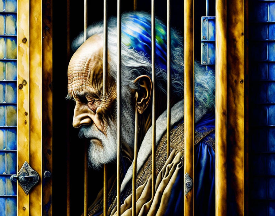 Elderly man with white beard behind bars in front of blue and yellow stained glass